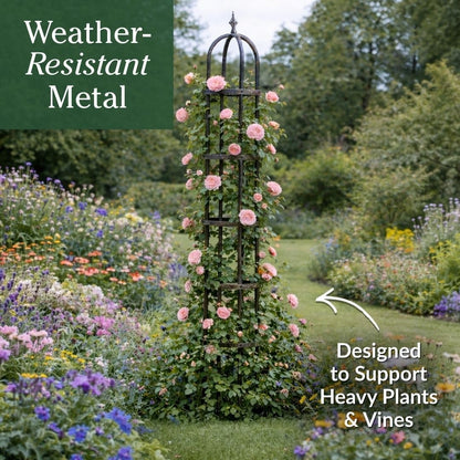Metal Garden Obelisk | Indoor/Outdoor | Powder-Coated Steel | Trellis for Climbing | Floral Pattern | 11" Dia. x 7'H | Bronze