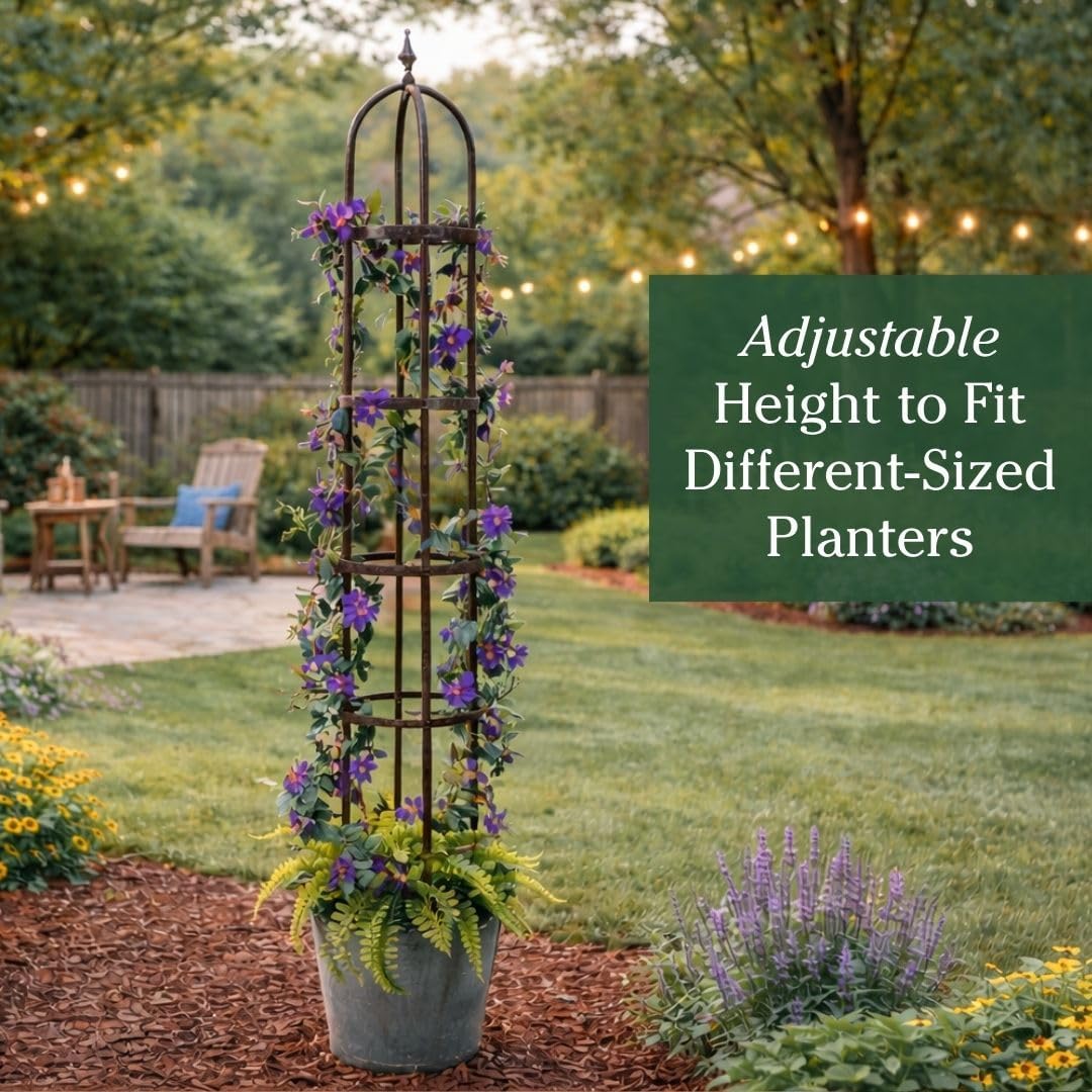 Metal Garden Obelisk | Indoor/Outdoor | Powder-Coated Steel | Trellis for Climbing | Floral Pattern | 11" Dia. x 7'H | Bronze