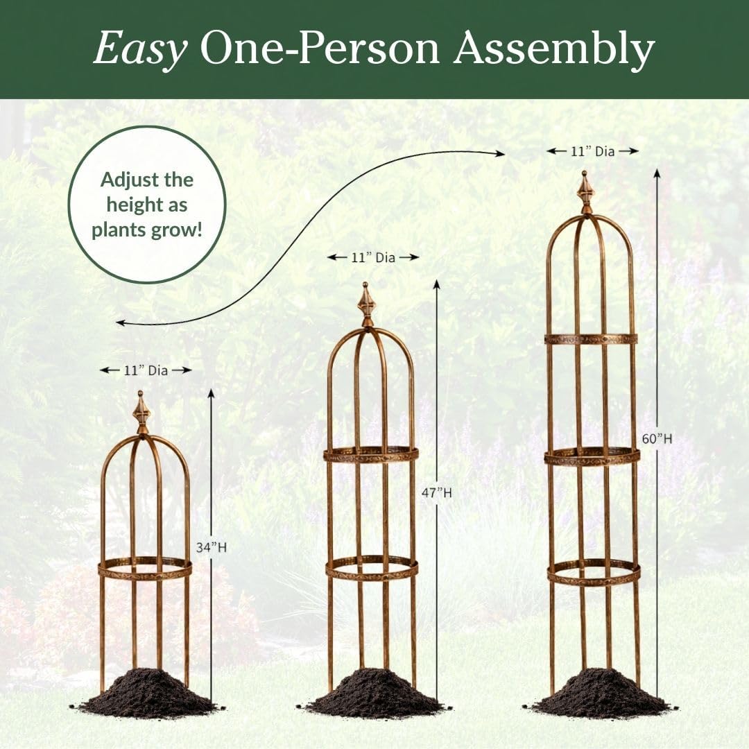 Metal Garden Obelisk | Indoor/Outdoor | Powder-Coated Steel | Trellis for Climbing | Floral Pattern | 11" Dia. x 7'H | Bronze