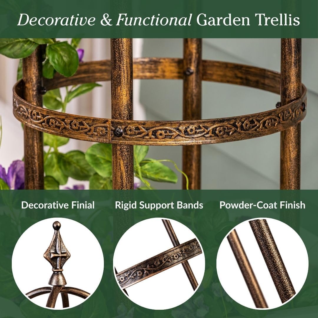 Metal Garden Obelisk | Indoor/Outdoor | Powder-Coated Steel | Trellis for Climbing | Floral Pattern | 11" Dia. x 7'H | Bronze