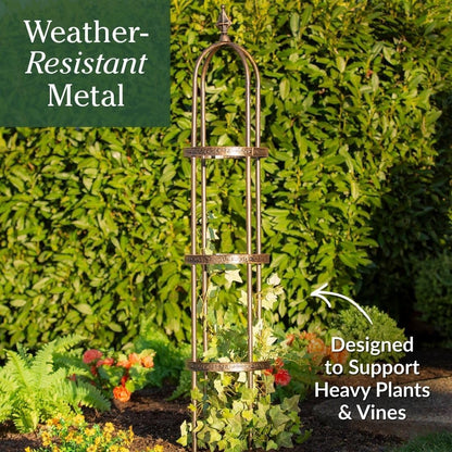 Metal Garden Obelisk | Indoor/Outdoor | Powder-Coated Steel | Trellis for Climbing | Floral Pattern | 11" Dia. x 7'H | Bronze