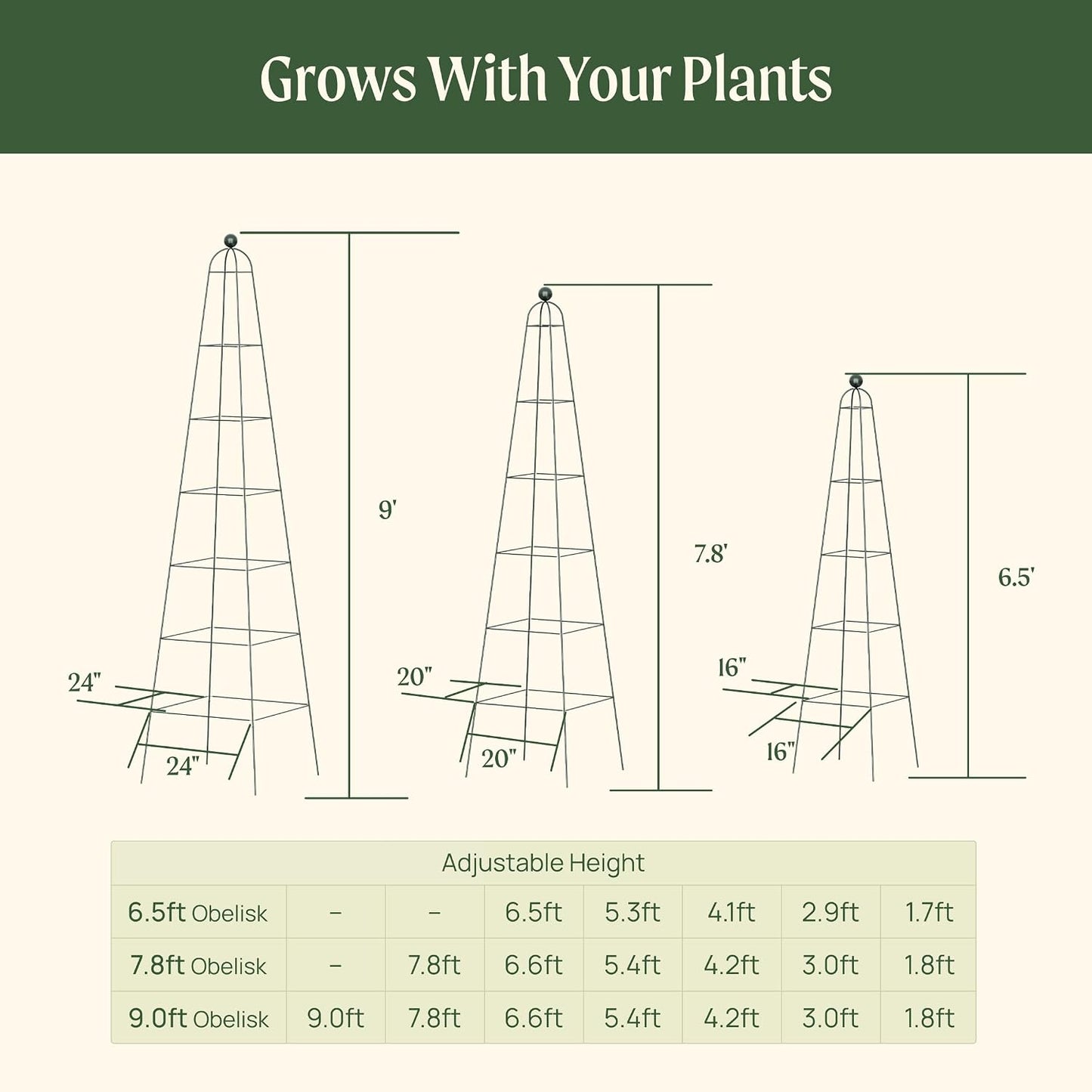 7.8 ft Pyramid Obelisk Garden Trellis, Metal Rustproof Plant Support Rose Trellis, Tower Potted Cages for Flowers Fruits Vegetable Vines Indoor & Outdoor