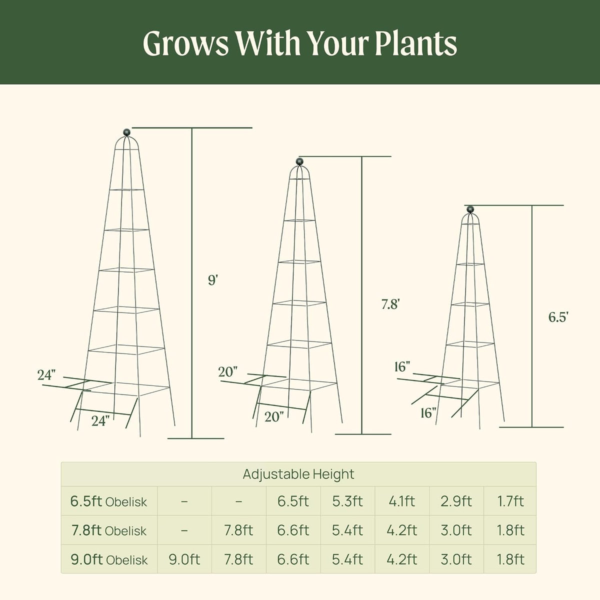 7.8 ft Pyramid Obelisk Garden Trellis, Metal Rustproof Plant Support Rose Trellis, Tower Potted Cages for Flowers Fruits Vegetable Vines Indoor & Outdoor