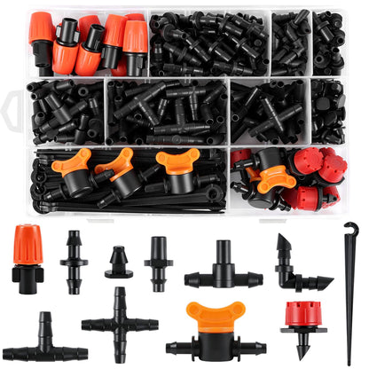230 Pcs 1/4 Inch Drip Irrigation Fittings Kit, 1/4" Dripline Complete Barbed Connectors- Nozzles, Micro Drips, Nozzle Tees, Single Barbs, Couplers, Tees, Valves, Elbows, Plugs, Crosses, Stakes