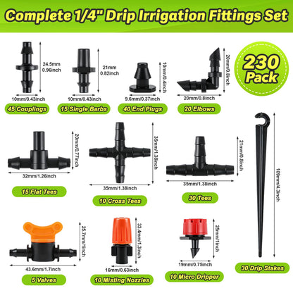 230 Pcs 1/4 Inch Drip Irrigation Fittings Kit, 1/4" Dripline Complete Barbed Connectors- Nozzles, Micro Drips, Nozzle Tees, Single Barbs, Couplers, Tees, Valves, Elbows, Plugs, Crosses, Stakes