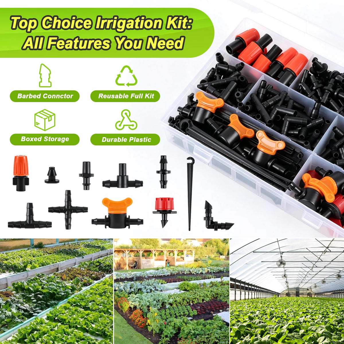 230 Pcs 1/4 Inch Drip Irrigation Fittings Kit, 1/4" Dripline Complete Barbed Connectors- Nozzles, Micro Drips, Nozzle Tees, Single Barbs, Couplers, Tees, Valves, Elbows, Plugs, Crosses, Stakes