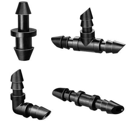 230 Pcs 1/4 Inch Drip Irrigation Fittings Kit, 1/4" Dripline Complete Barbed Connectors- Nozzles, Micro Drips, Nozzle Tees, Single Barbs, Couplers, Tees, Valves, Elbows, Plugs, Crosses, Stakes