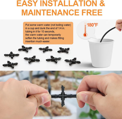 230 Pcs 1/4 Inch Drip Irrigation Fittings Kit, 1/4" Dripline Complete Barbed Connectors- Nozzles, Micro Drips, Nozzle Tees, Single Barbs, Couplers, Tees, Valves, Elbows, Plugs, Crosses, Stakes