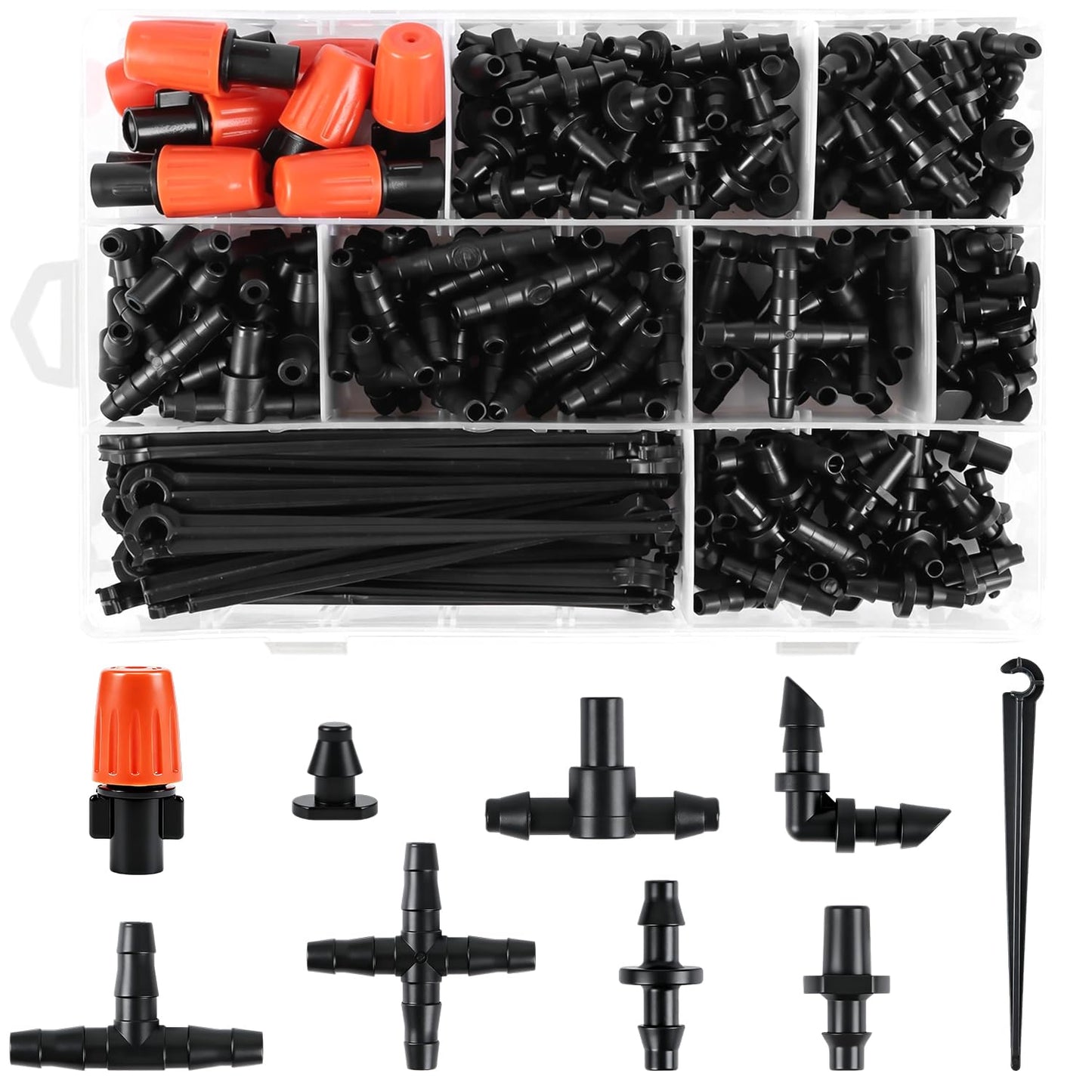230 Pcs 1/4 Inch Drip Irrigation Fittings Kit, 1/4" Dripline Complete Barbed Connectors- Nozzles, Micro Drips, Nozzle Tees, Single Barbs, Couplers, Tees, Valves, Elbows, Plugs, Crosses, Stakes