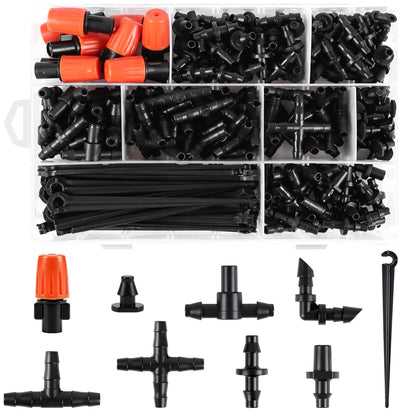 230 Pcs 1/4 Inch Drip Irrigation Fittings Kit, 1/4" Dripline Complete Barbed Connectors- Nozzles, Micro Drips, Nozzle Tees, Single Barbs, Couplers, Tees, Valves, Elbows, Plugs, Crosses, Stakes