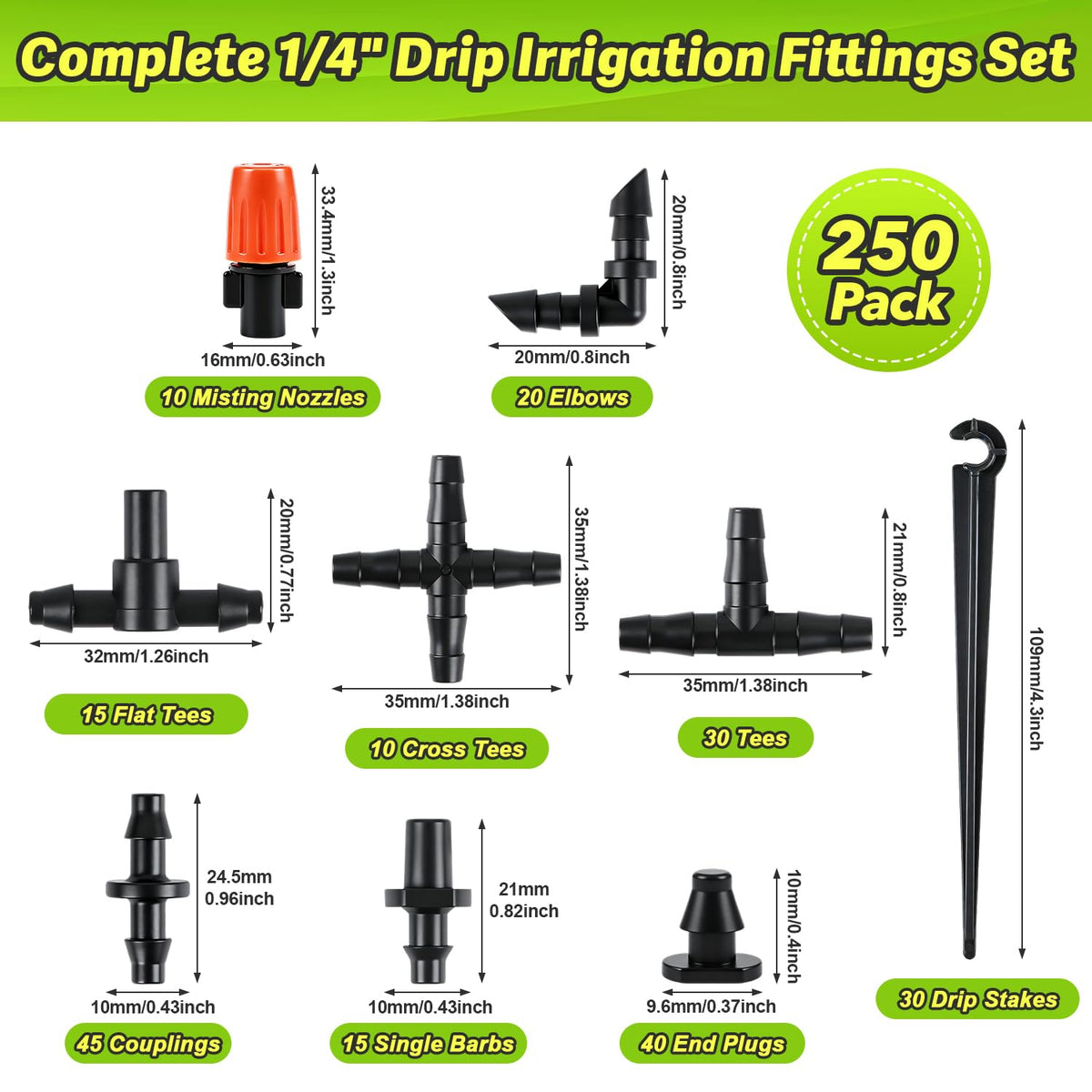 230 Pcs 1/4 Inch Drip Irrigation Fittings Kit, 1/4" Dripline Complete Barbed Connectors- Nozzles, Micro Drips, Nozzle Tees, Single Barbs, Couplers, Tees, Valves, Elbows, Plugs, Crosses, Stakes