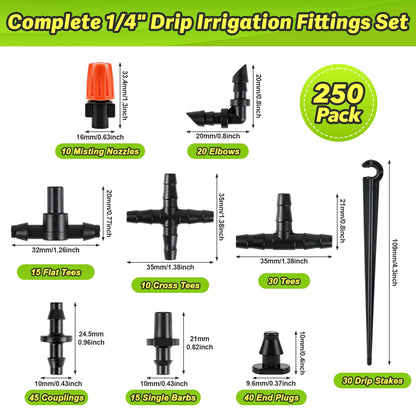 230 Pcs 1/4 Inch Drip Irrigation Fittings Kit, 1/4" Dripline Complete Barbed Connectors- Nozzles, Micro Drips, Nozzle Tees, Single Barbs, Couplers, Tees, Valves, Elbows, Plugs, Crosses, Stakes