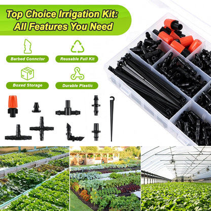 230 Pcs 1/4 Inch Drip Irrigation Fittings Kit, 1/4" Dripline Complete Barbed Connectors- Nozzles, Micro Drips, Nozzle Tees, Single Barbs, Couplers, Tees, Valves, Elbows, Plugs, Crosses, Stakes