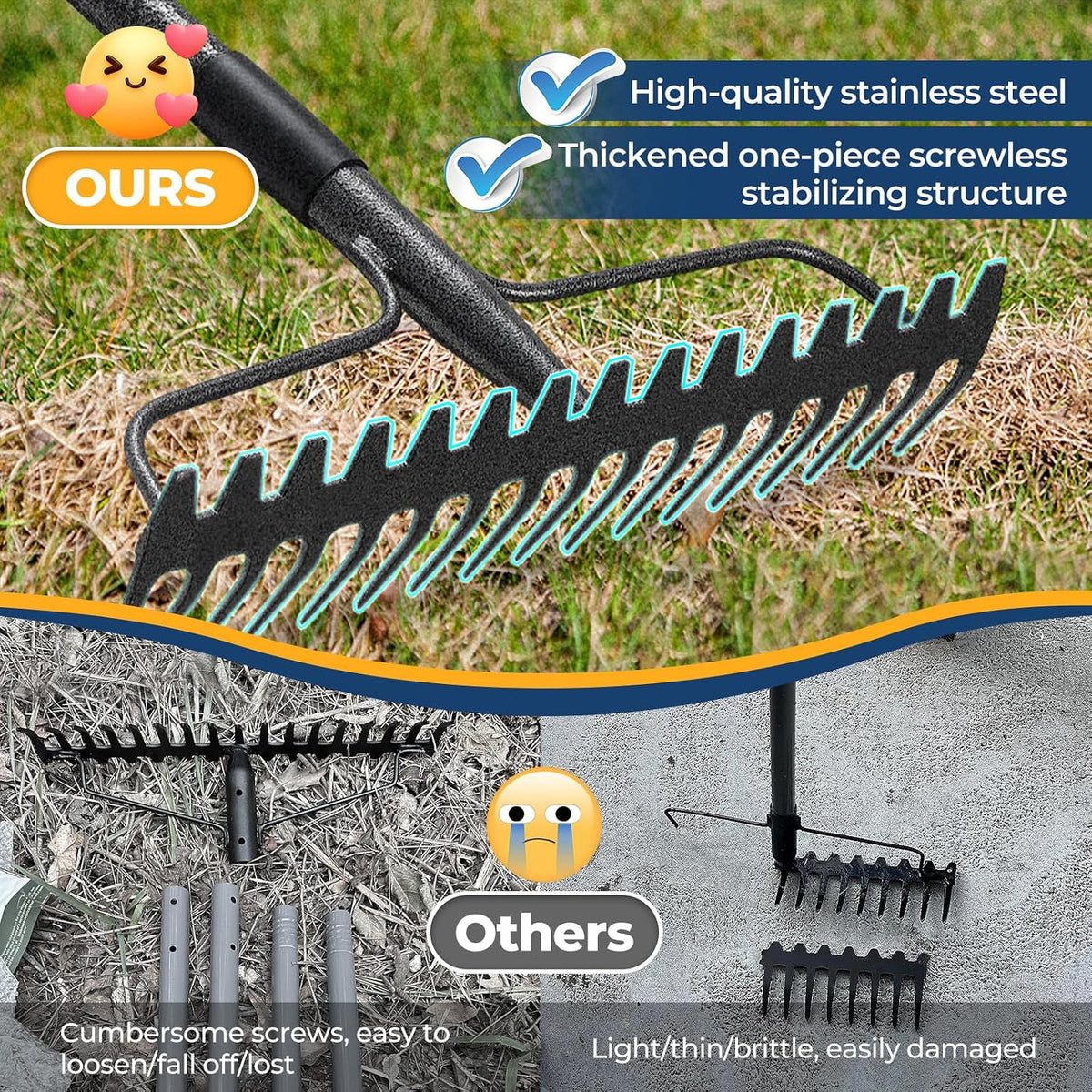 Garden Rake, 17" Extra Wide Double-Sided Head, 63" Heavy Duty Lightweight Stainless Steel Leaf Rake for Leveling Lawn, Loosening Soil, Leaf Cleanup, Soil Prep, Landscaping, Spread Mulch Fast