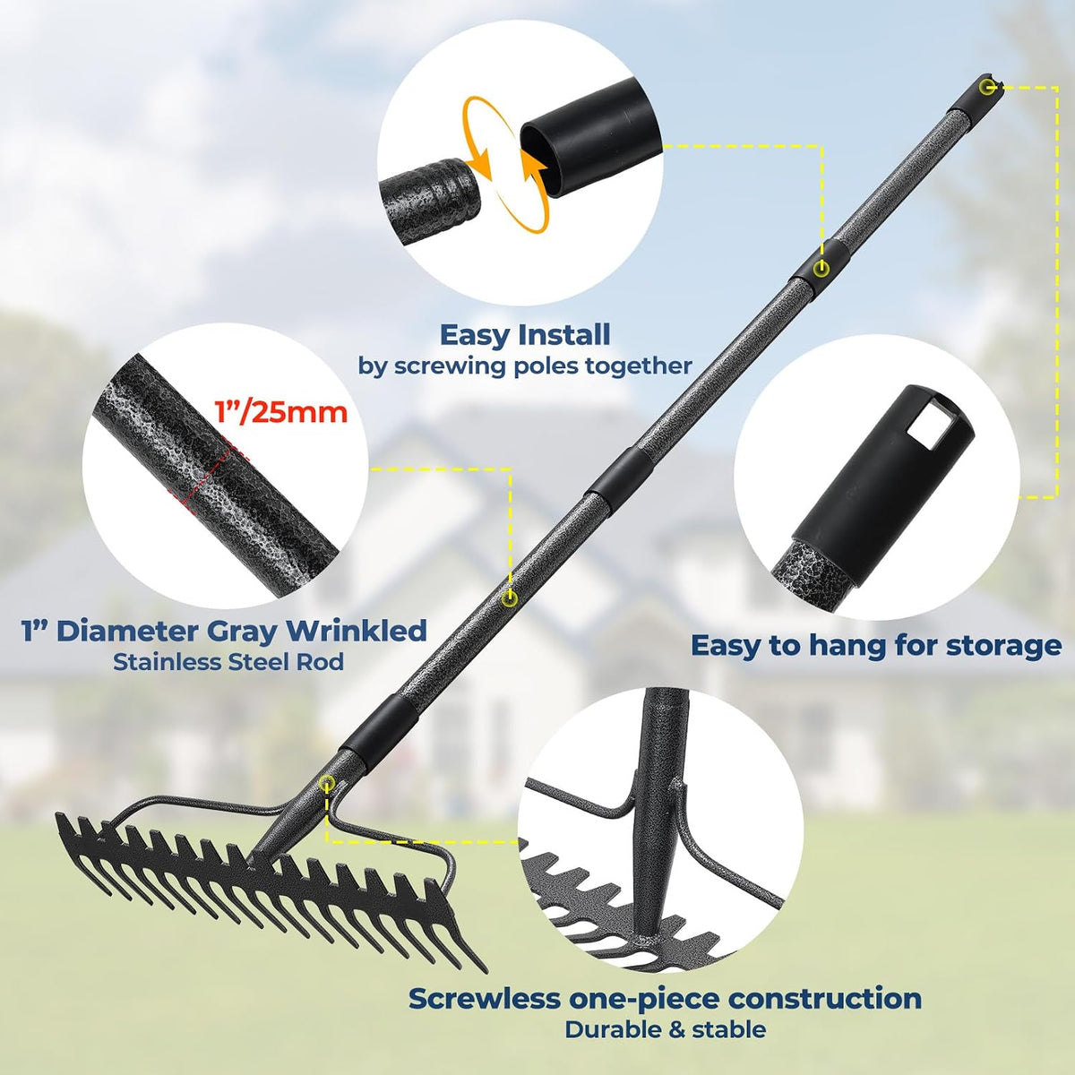 Garden Rake, 17" Extra Wide Double-Sided Head, 63" Heavy Duty Lightweight Stainless Steel Leaf Rake for Leveling Lawn, Loosening Soil, Leaf Cleanup, Soil Prep, Landscaping, Spread Mulch Fast