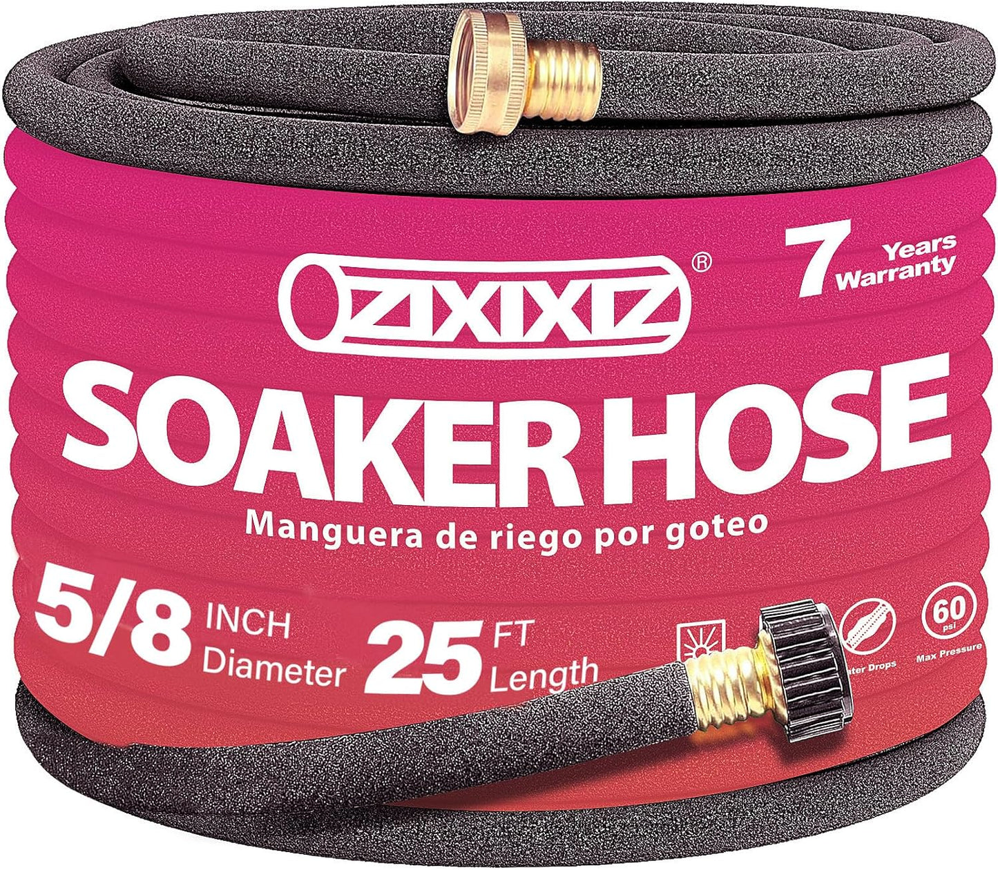 25FT 5/8-Inch Soaker Hose, Flexible with Solid Brass Connector, Leak-Resistant Watering System for Gardens & Vegetable Beds