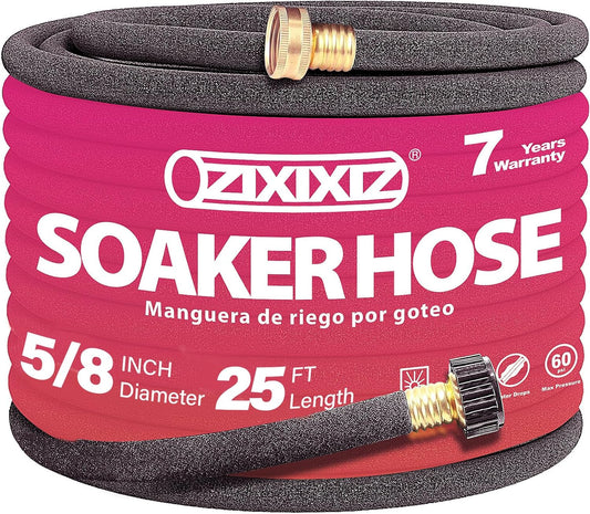 25FT 5/8-Inch Soaker Hose, Flexible with Solid Brass Connector, Leak-Resistant Watering System for Gardens & Vegetable Beds