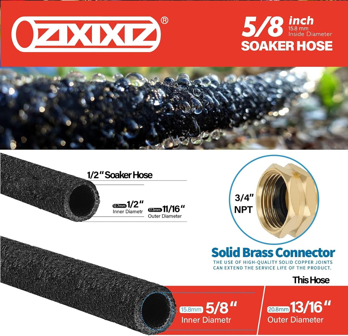 25FT 5/8-Inch Soaker Hose, Flexible with Solid Brass Connector, Leak-Resistant Watering System for Gardens & Vegetable Beds