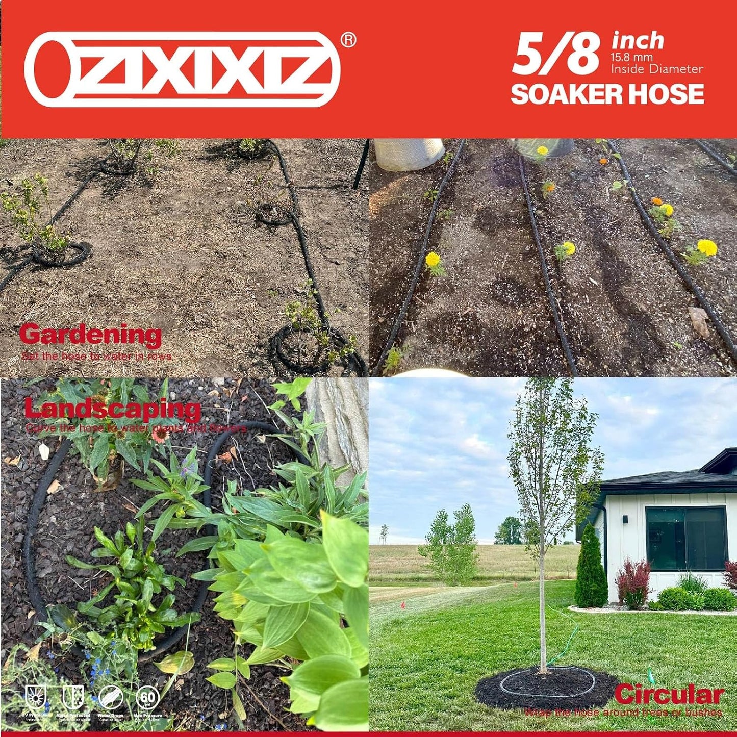 25FT 5/8-Inch Soaker Hose, Flexible with Solid Brass Connector, Leak-Resistant Watering System for Gardens & Vegetable Beds