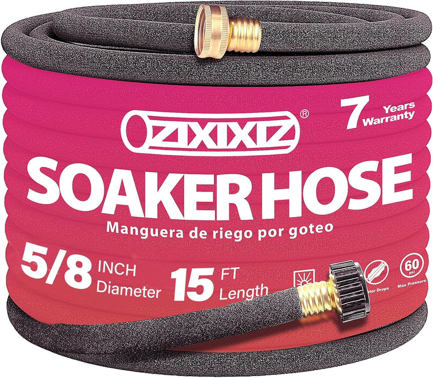 25FT 5/8-Inch Soaker Hose, Flexible with Solid Brass Connector, Leak-Resistant Watering System for Gardens & Vegetable Beds