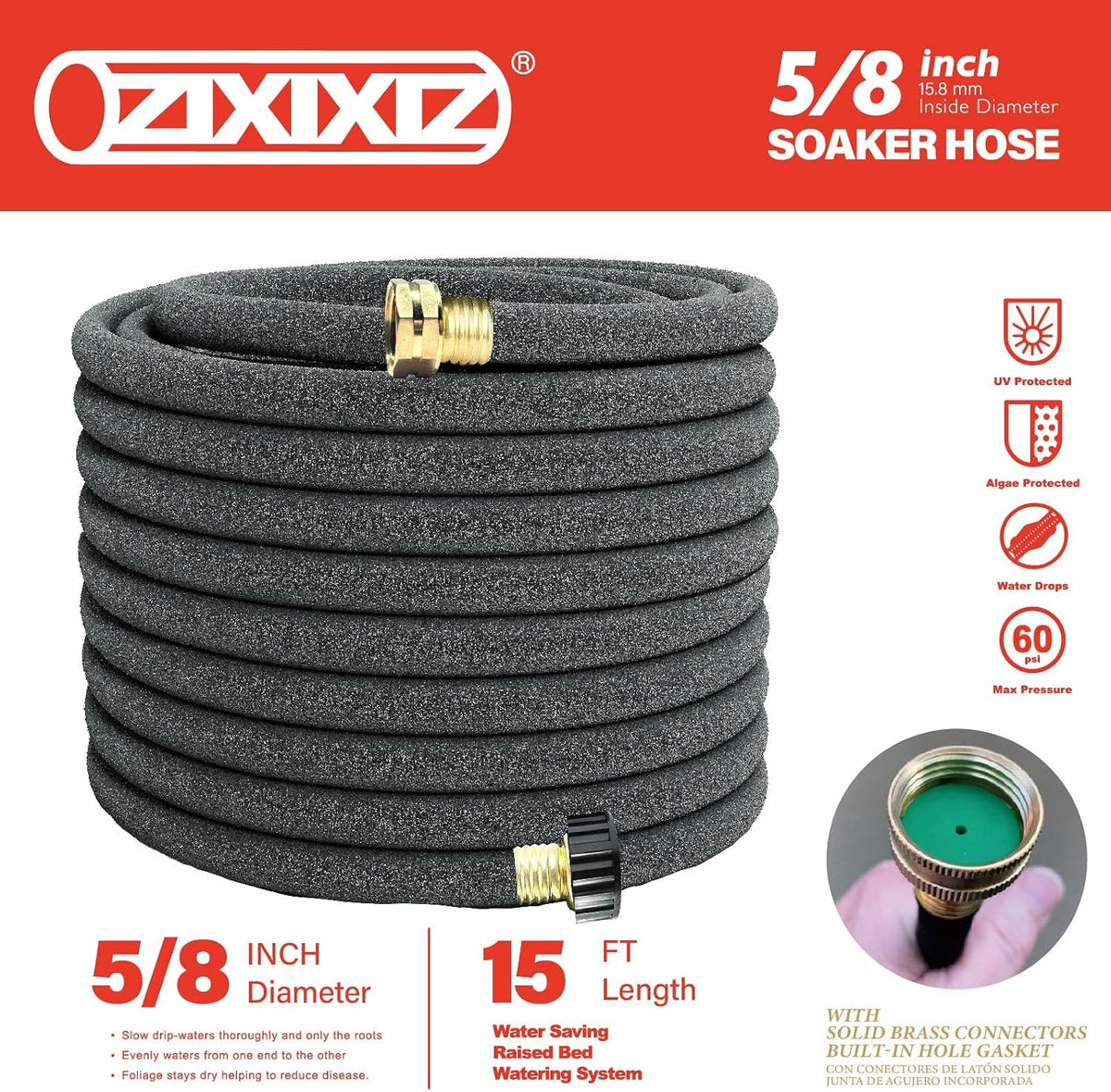 25FT 5/8-Inch Soaker Hose, Flexible with Solid Brass Connector, Leak-Resistant Watering System for Gardens & Vegetable Beds
