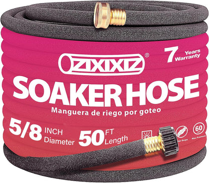 25FT 5/8-Inch Soaker Hose, Flexible with Solid Brass Connector, Leak-Resistant Watering System for Gardens & Vegetable Beds