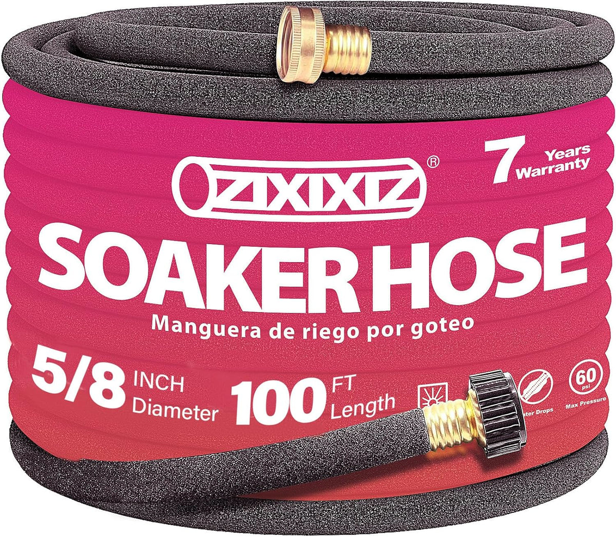 25FT 5/8-Inch Soaker Hose, Flexible with Solid Brass Connector, Leak-Resistant Watering System for Gardens & Vegetable Beds