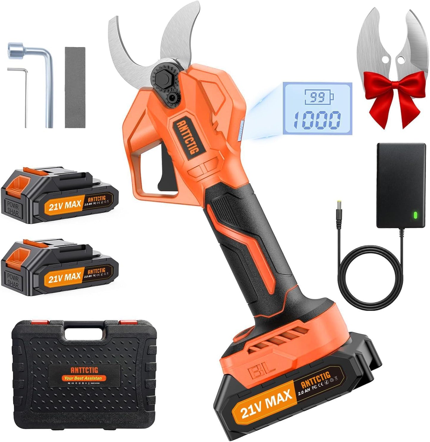Electric Pruning Shears, 2.36" Cut, 2 Batteries & Spare Blades