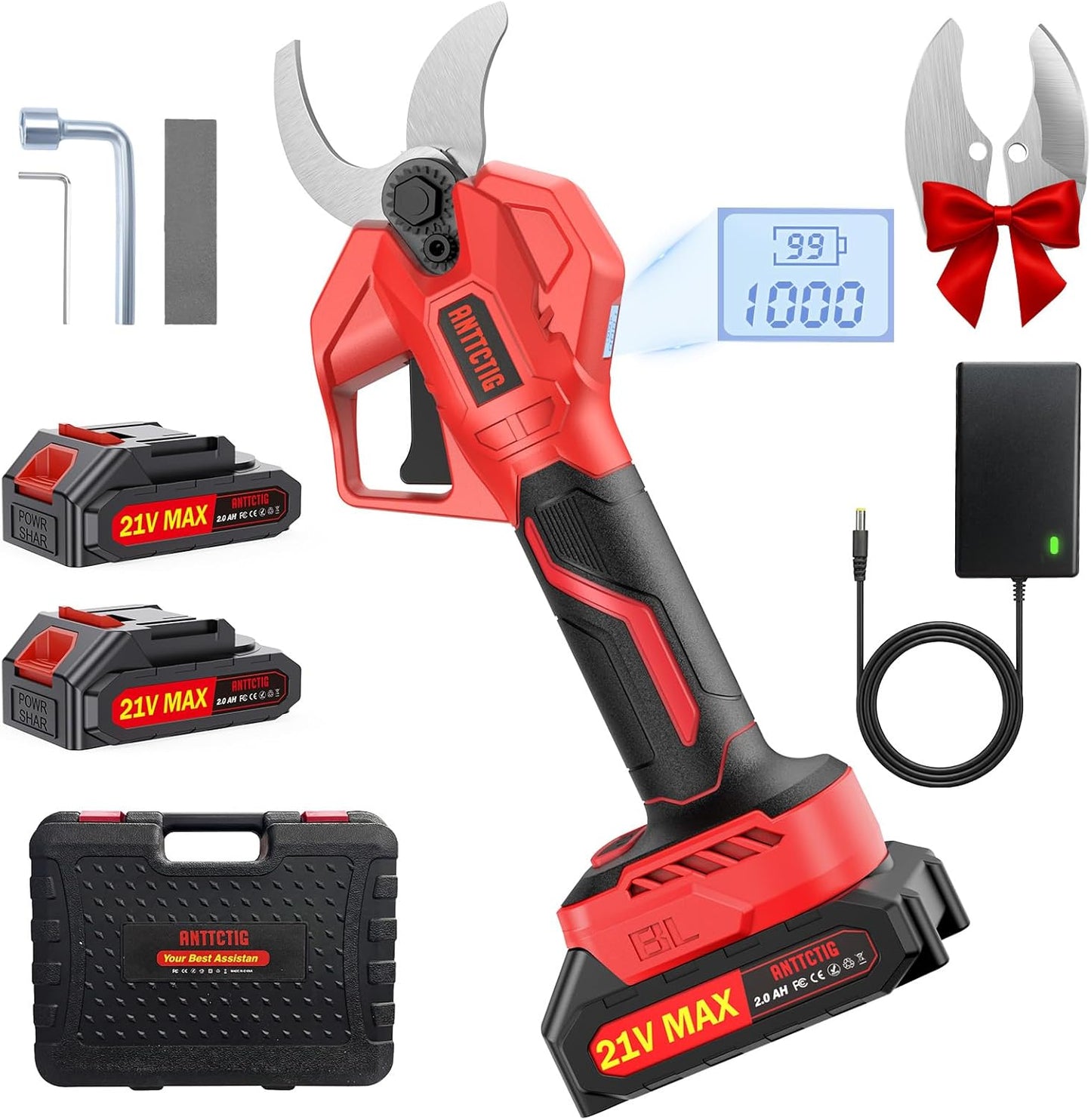Electric Pruning Shears, 2.36" Cut, 2 Batteries & Spare Blades