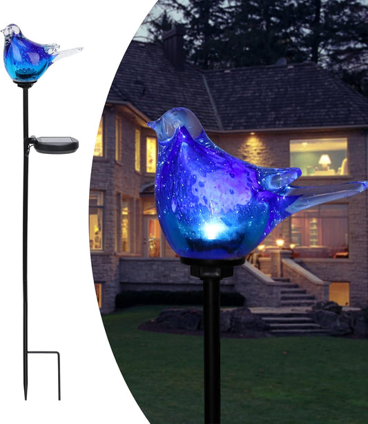 Outdoor Solar Garden Lights, Hand Blown Glass Blue Bird Yard Stake
