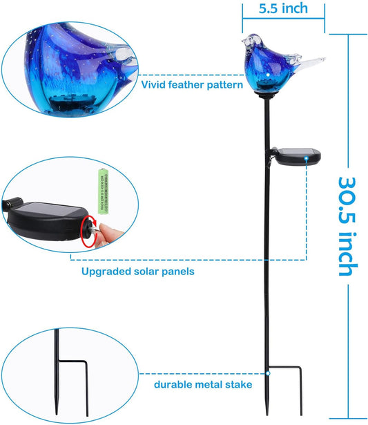 Outdoor Solar Garden Lights, Hand Blown Glass Blue Bird Yard Stake