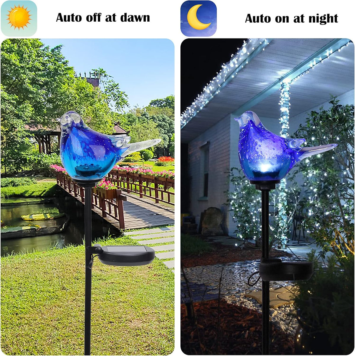Outdoor Solar Garden Lights, Hand Blown Glass Blue Bird Yard Stake