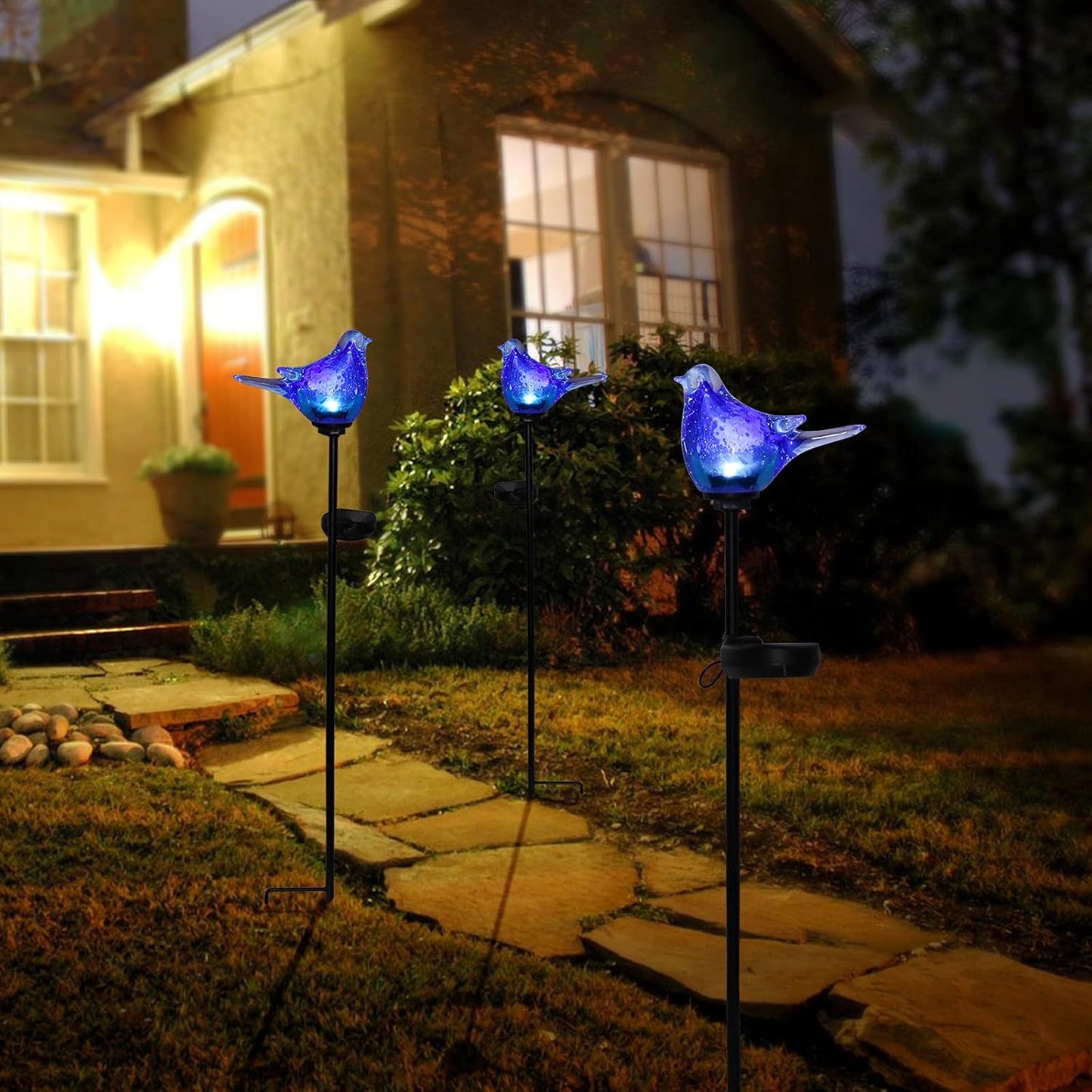 Outdoor Solar Garden Lights, Hand Blown Glass Blue Bird Yard Stake