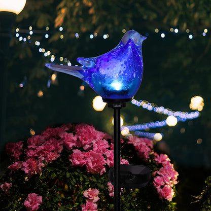 Outdoor Solar Garden Lights, Hand Blown Glass Blue Bird Yard Stake