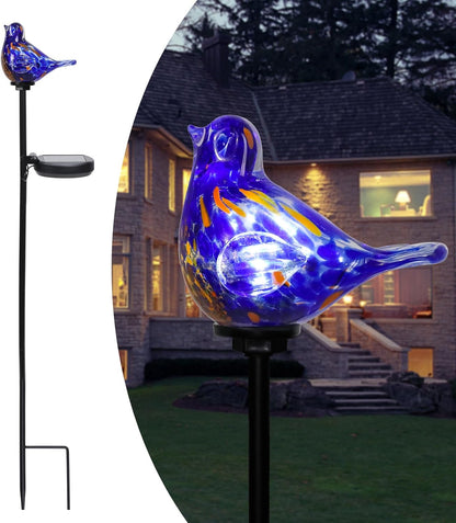 Outdoor Solar Garden Lights, Hand Blown Glass Blue Bird Yard Stake