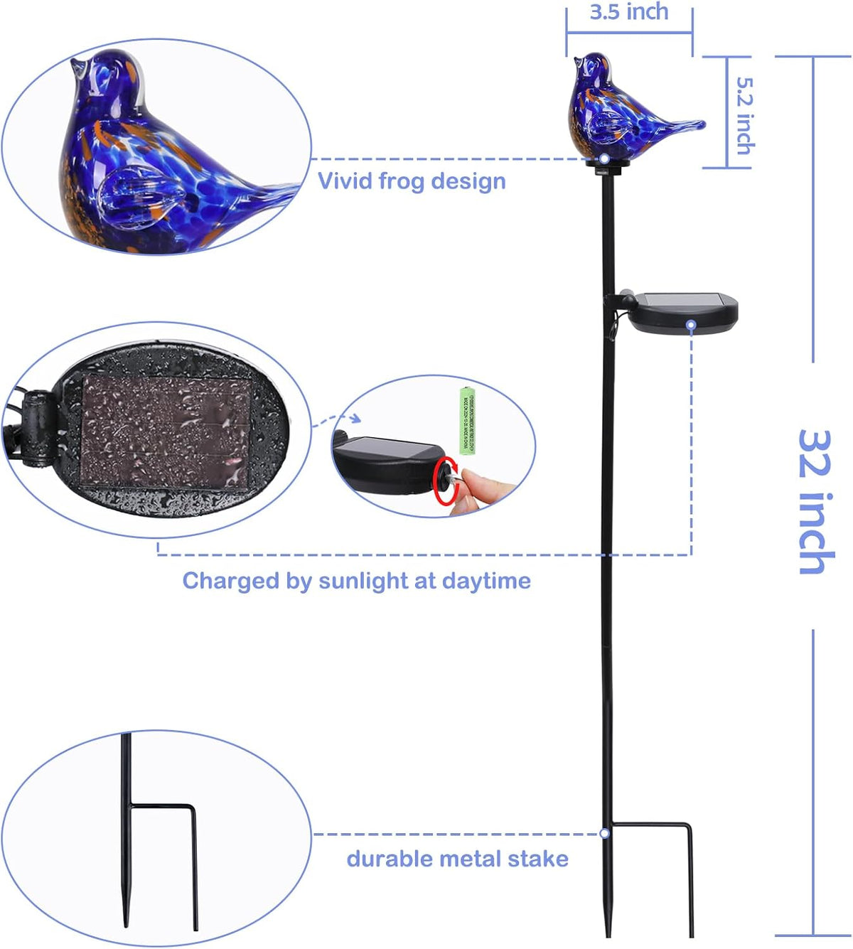 Outdoor Solar Garden Lights, Hand Blown Glass Blue Bird Yard Stake