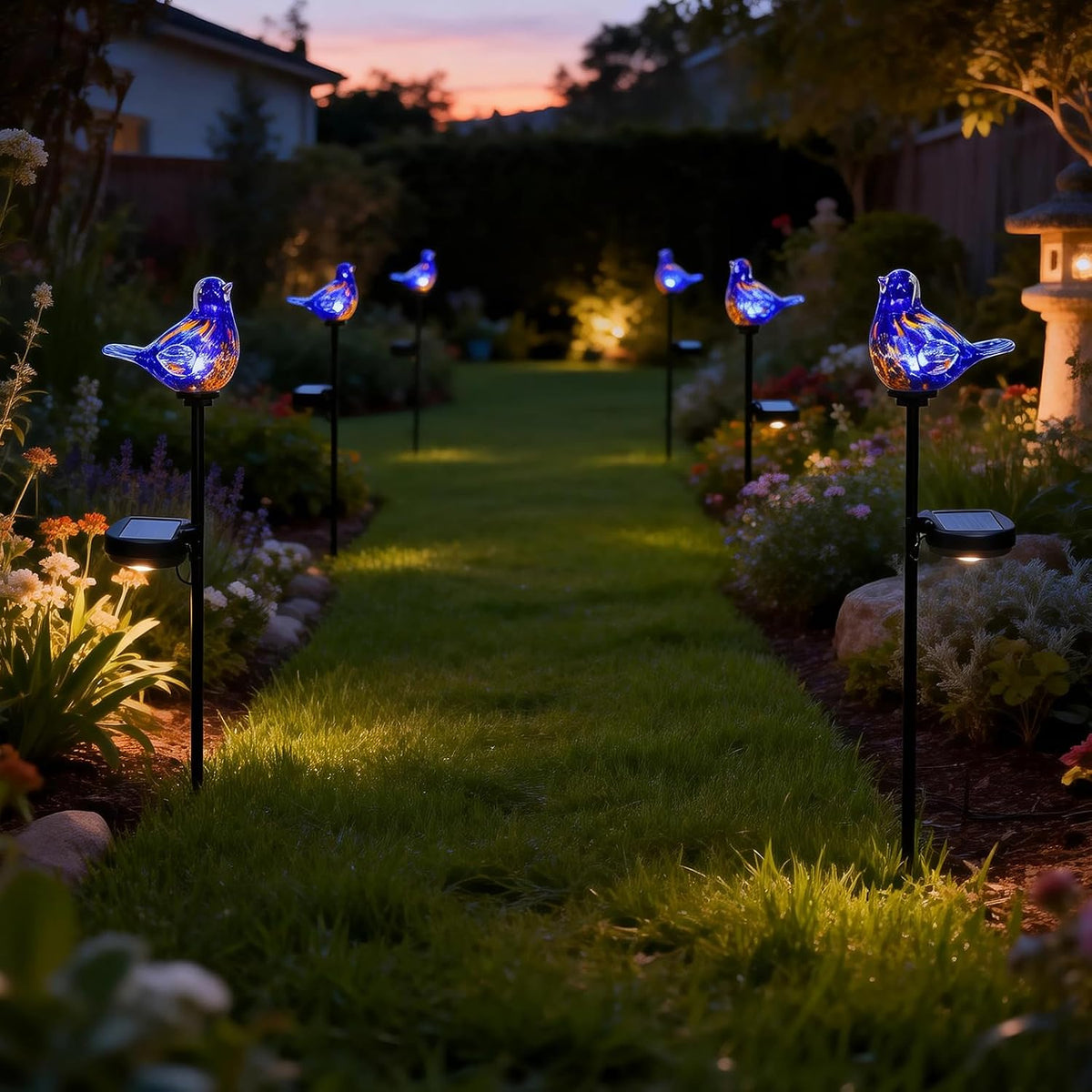 Outdoor Solar Garden Lights, Hand Blown Glass Blue Bird Yard Stake