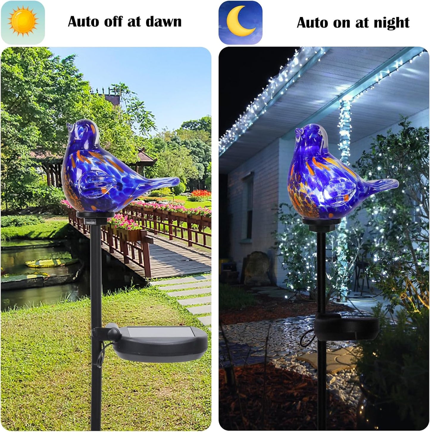 Outdoor Solar Garden Lights, Hand Blown Glass Blue Bird Yard Stake