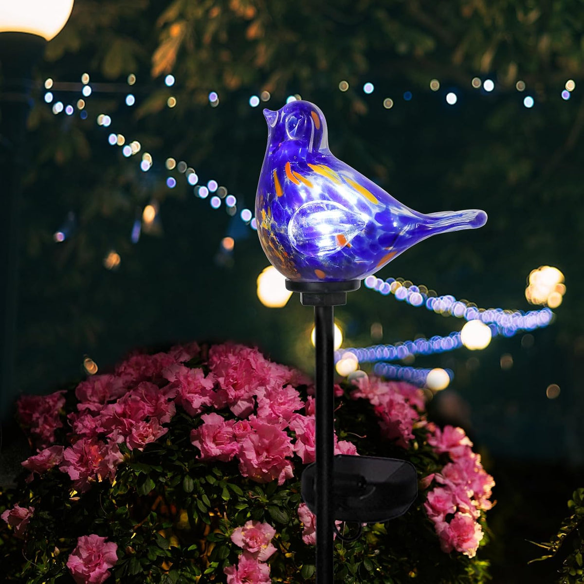 Outdoor Solar Garden Lights, Hand Blown Glass Blue Bird Yard Stake