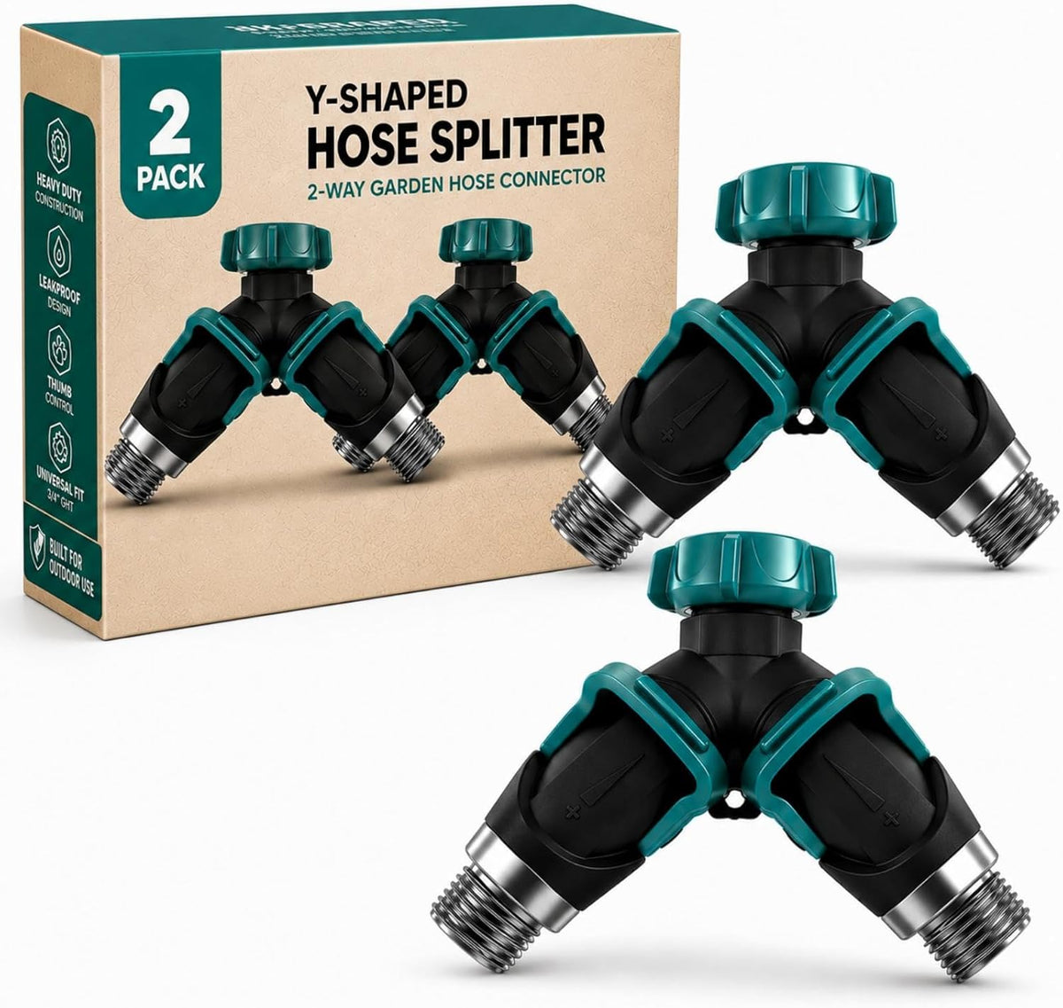 2pcs Garden Hose Splitter 2 Way Heavy Duty Connector, Faucet Y Splitter with Shut off Valve, Outdoor Water Spigot Bib Splitters Leak-proof Rust-resistant, Easy for Garden Landscaping 3/4 Inch