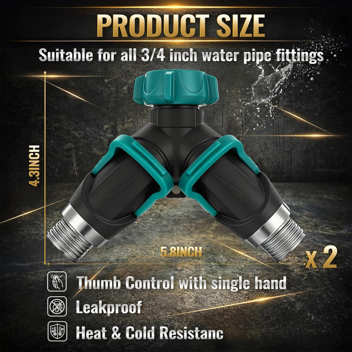 2pcs Garden Hose Splitter 2 Way Heavy Duty Connector, Faucet Y Splitter with Shut off Valve, Outdoor Water Spigot Bib Splitters Leak-proof Rust-resistant, Easy for Garden Landscaping 3/4 Inch