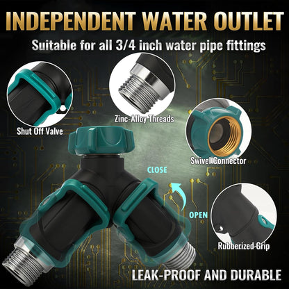 2pcs Garden Hose Splitter 2 Way Heavy Duty Connector, Faucet Y Splitter with Shut off Valve, Outdoor Water Spigot Bib Splitters Leak-proof Rust-resistant, Easy for Garden Landscaping 3/4 Inch