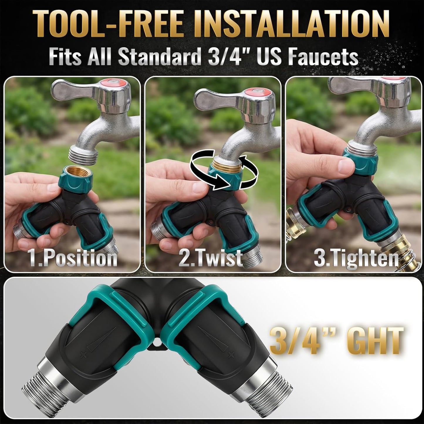 2pcs Garden Hose Splitter 2 Way Heavy Duty Connector, Faucet Y Splitter with Shut off Valve, Outdoor Water Spigot Bib Splitters Leak-proof Rust-resistant, Easy for Garden Landscaping 3/4 Inch