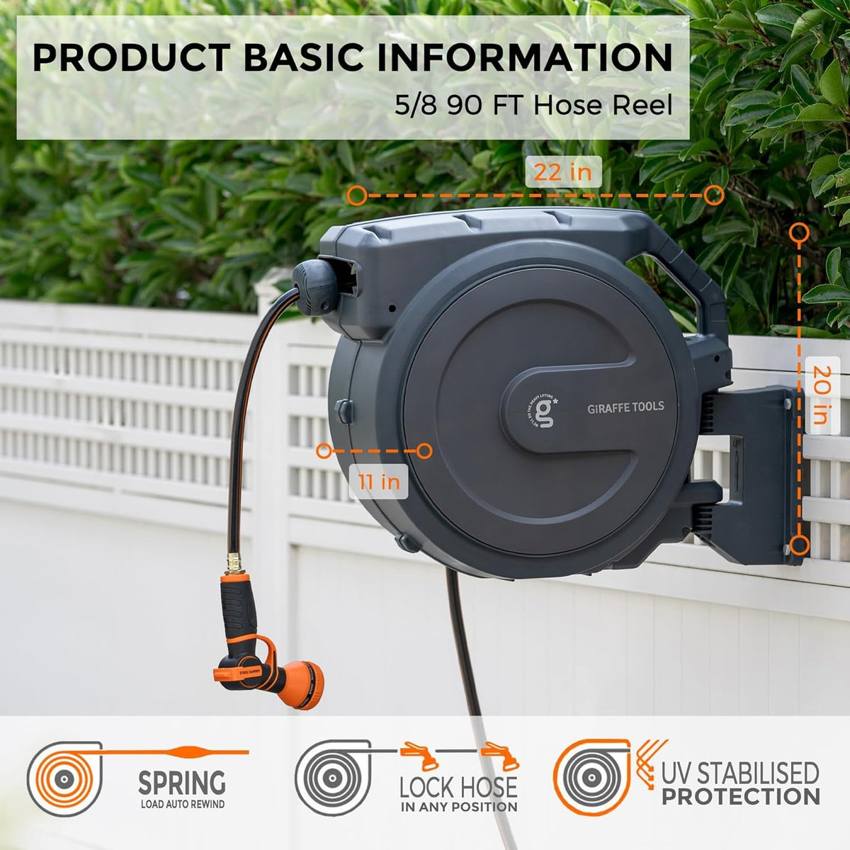 Retractable Garden Hose Reel 5/8 inch x 90 ft Auto Rewind