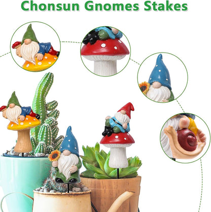 Miniature Garden Gnome Stakes Set, Resin Fairy Yard Outdoor Decor