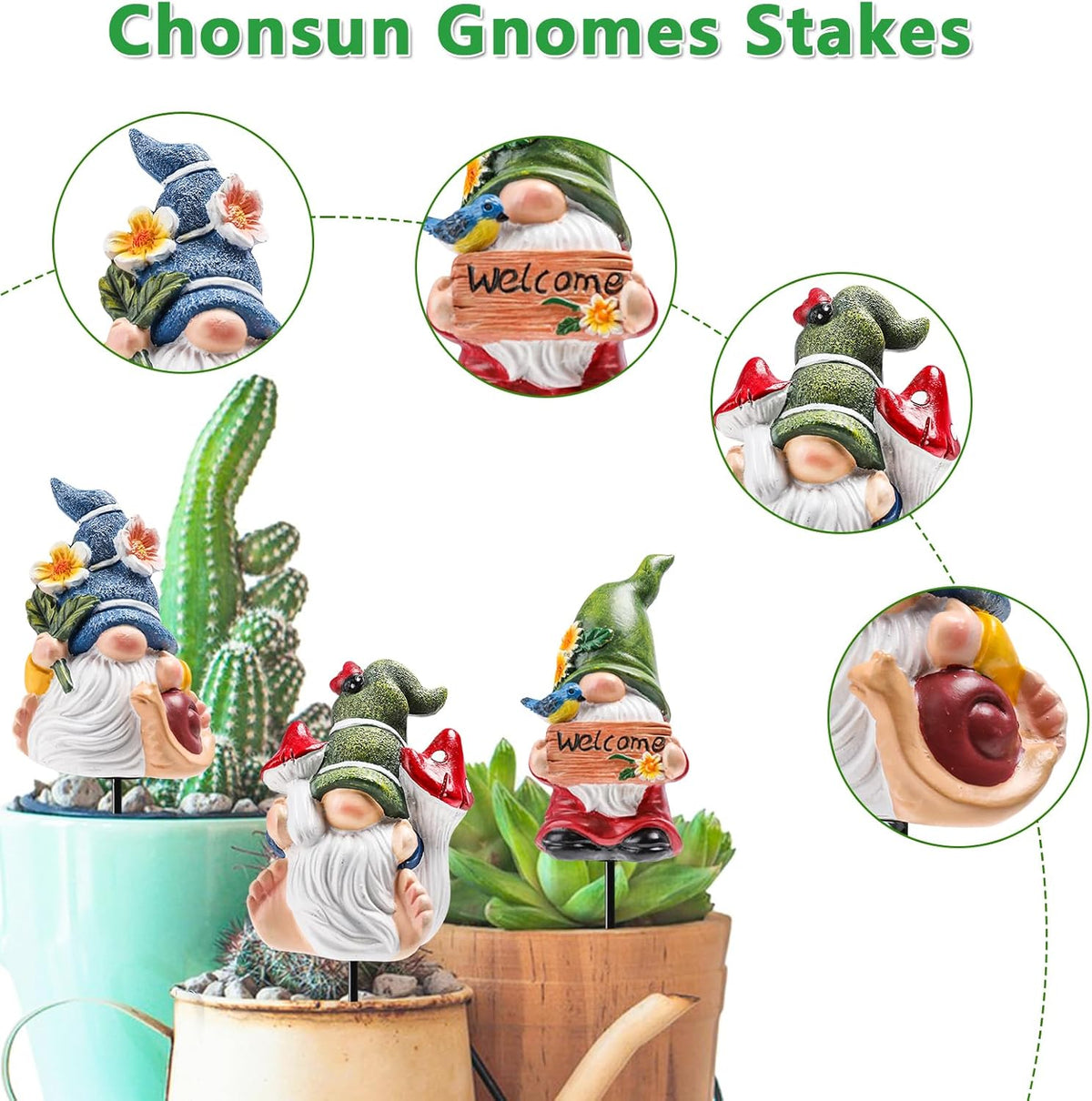 Miniature Garden Gnome Stakes Set, Resin Fairy Yard Outdoor Decor