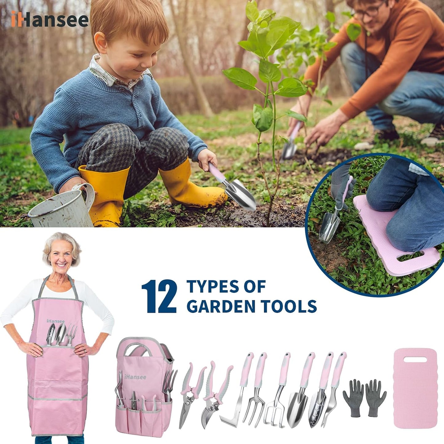 Pink Garden Tools Set 12-Piece, Gardening Gifts for Women