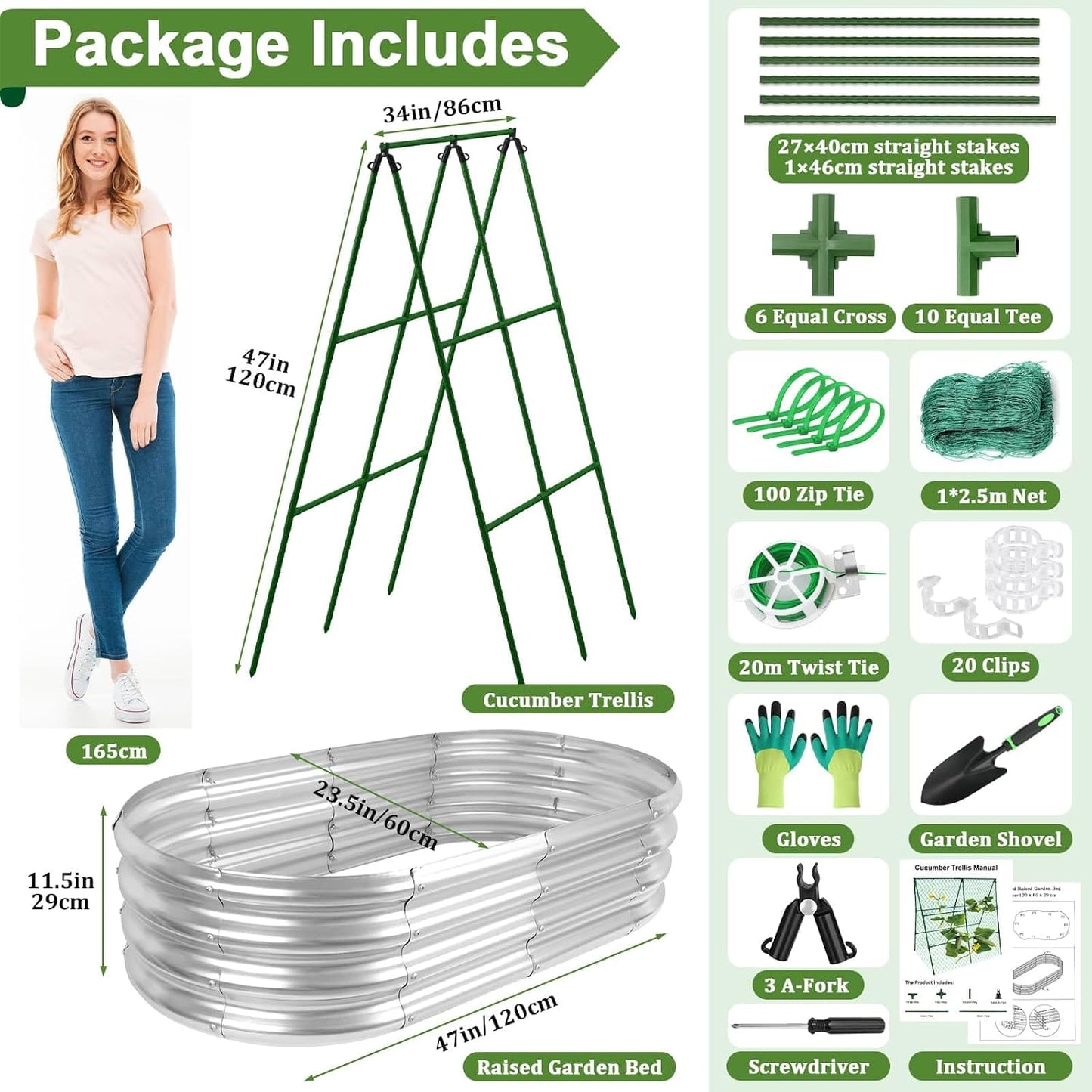 Galvanized Raised Bed with Cucumber Trellis, Garden Arch Trellis Outdoor Reusable A-Frame Metal Trellis with Trellis Net for Pea Vegetable Bean Grape Vines Flowers Climbing Plants Stand Support