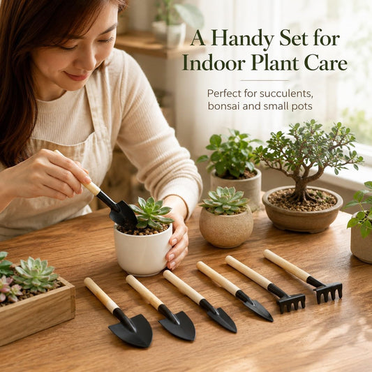 Mini Garden Tools Set, 6 Pcs Small Gardening Kit with Wooden Handle Rake, Shovel & Spade for Succulents, Bonsai, Terrariums, Houseplants, Potted Plants