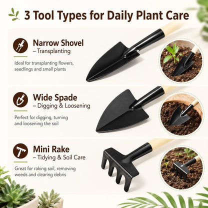 Mini Garden Tools Set, 6 Pcs Small Gardening Kit with Wooden Handle Rake, Shovel & Spade for Succulents, Bonsai, Terrariums, Houseplants, Potted Plants